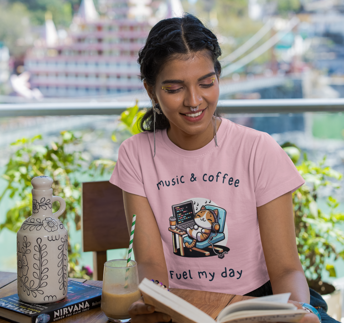 Music and Coffee Half Sleeve T-Shirt Pink